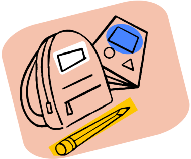 Cartoon drawing of a pencil, school bag and notebook