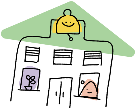 Cartoon drawing of a school building with a flower pot, bell with a smiley face and a student