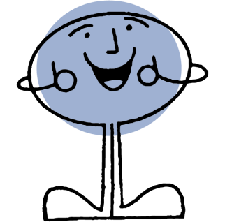 Cartoon character of a blue man, smiling forward